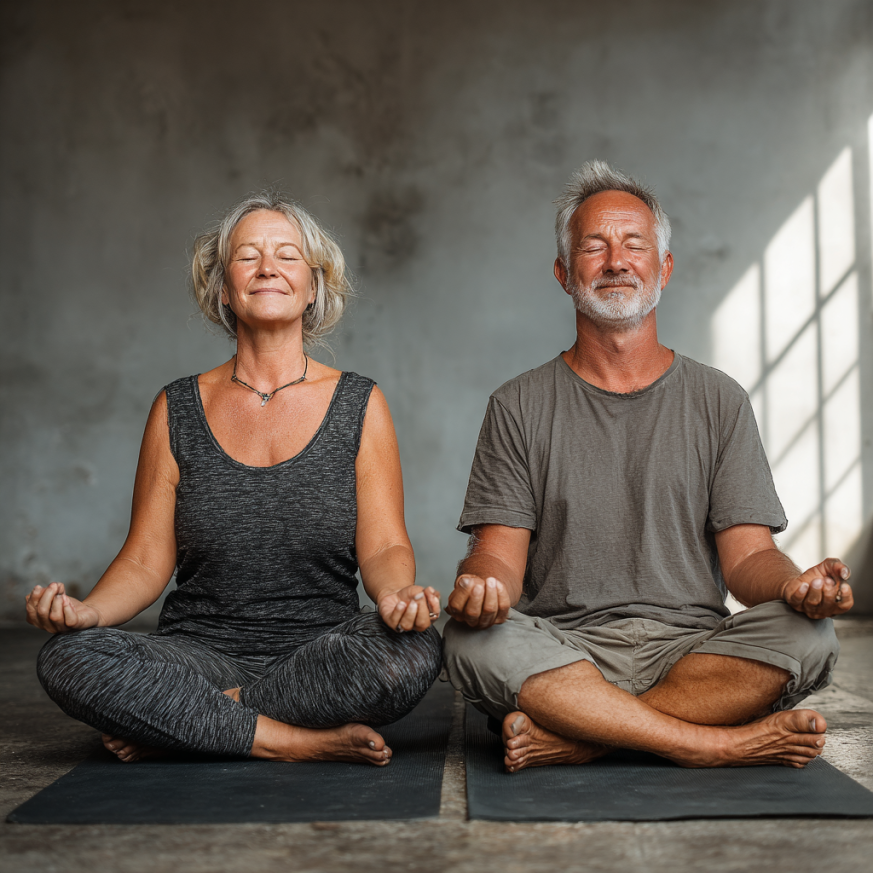 Літня жінка займається йогою на природі