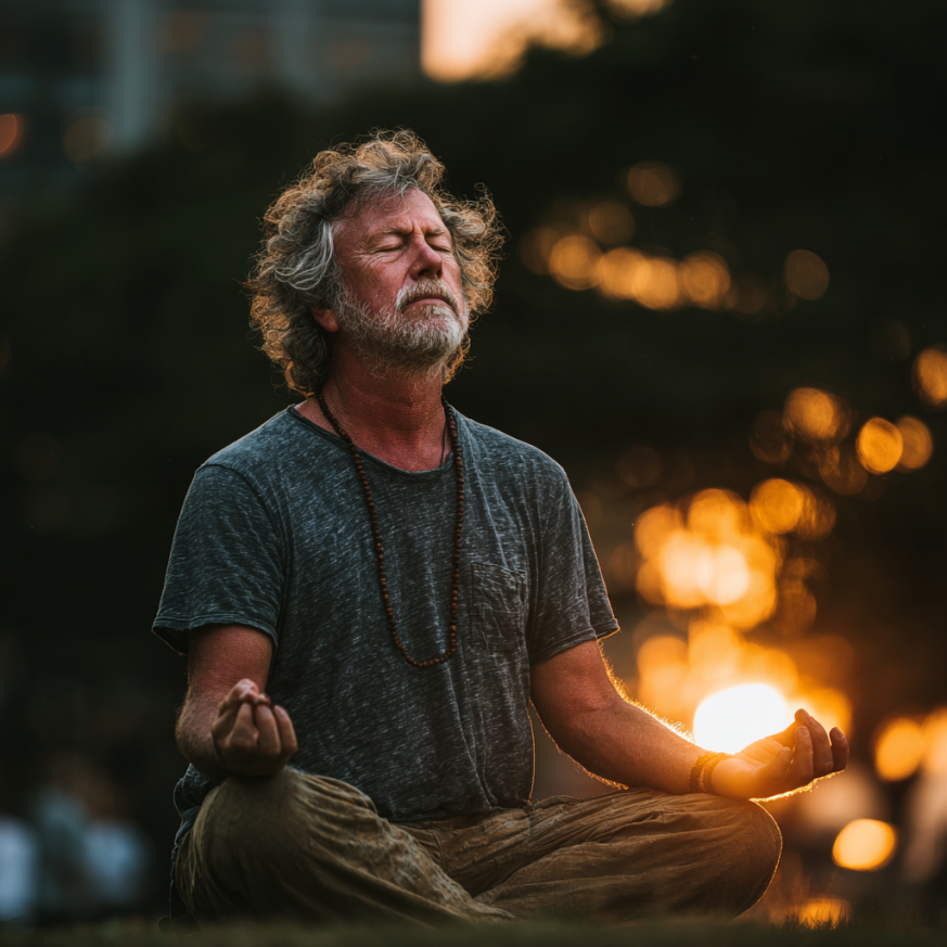 Група літніх людей займається йогою в залі