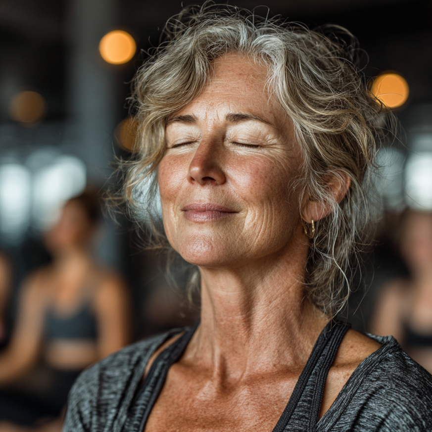 Літня жінка виконує дихальні вправи йоги